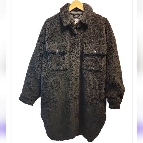 SOLD Gap Sherpa Teddy Coat Black Long Button Down Size Large Petite Oversized - Picture 2 of 6